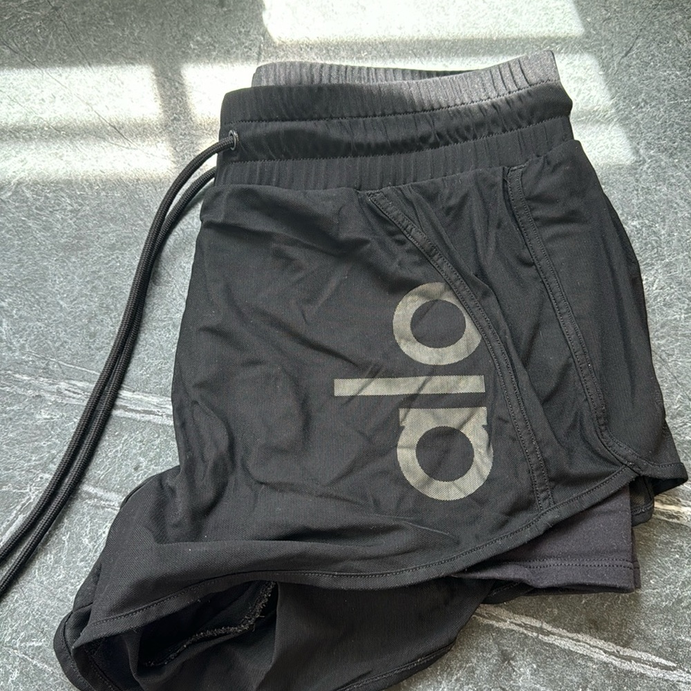 Alo Ambiance black shorts, size S, mesh overlay spandex underneath